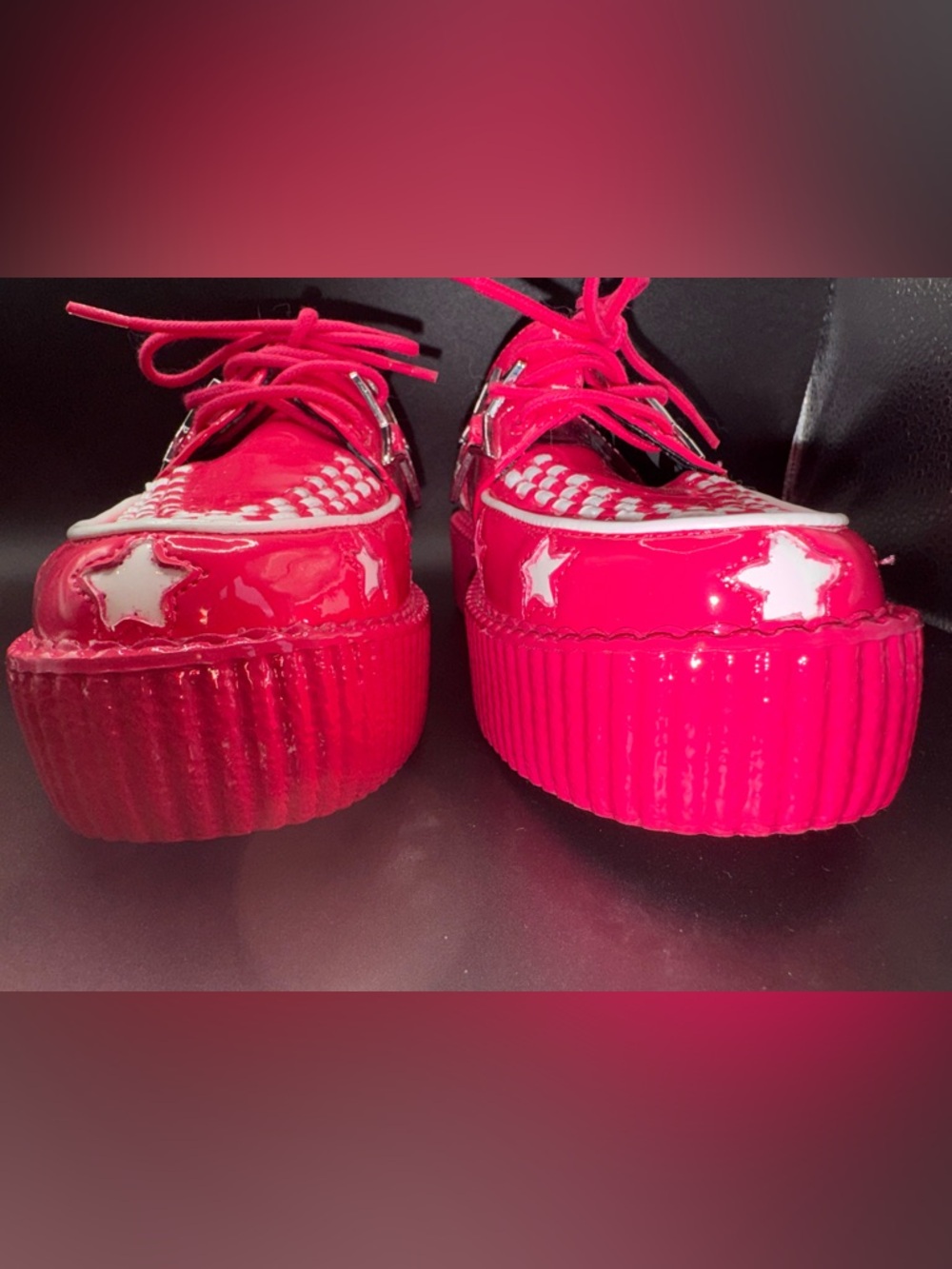 SOLD. T.U.K. Hot Pink Creepers Size 7 Patent Leather Platform - Picture 15 of 17